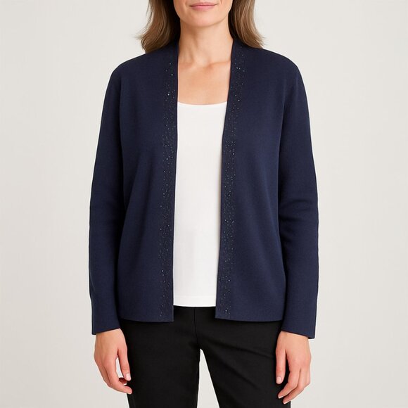 Eileen Fisher Sweaters - Eileen Fisher Navy Beaded Trim Open Front Cardigan Sweater Size L